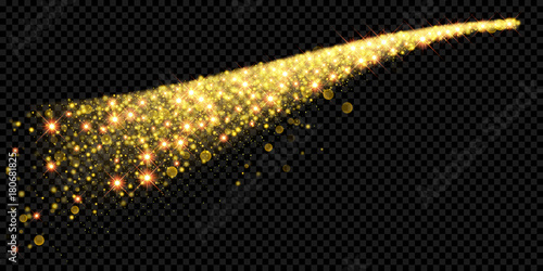 Christmas holiday golden glitter trail or sparkling confetti trace background template of gold particles with shiny light effect. Vector glittering shimmer shine wave for New Year or Christmas design