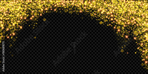 Christmas holiday golden glitter snow or sparkling gold confetti on black background template. Vector golden particles light shine glare effect for New Year or Christmas glamor modern luxury design