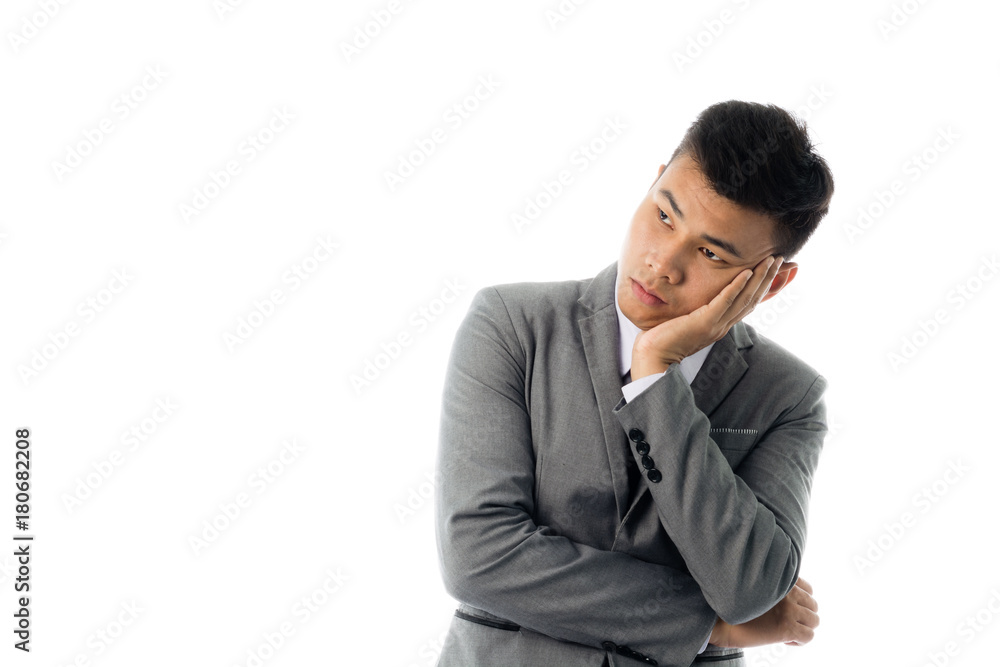Portrait of a business man thinking with suit. Isolated on white background Portrait of a business man thinking with suit. Isolated on white background