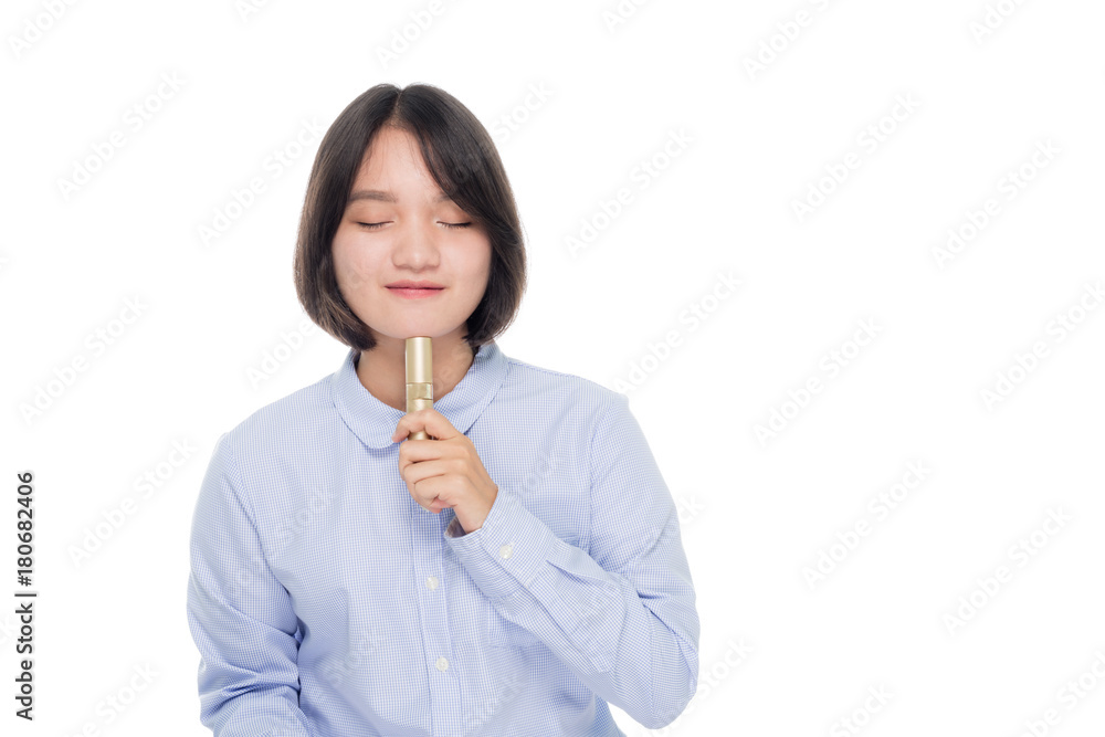 portrait of a beautiful asian businesswoman with perfume. Isolated on white background with copy space portrait of a beautiful asian businesswoman with perfume. Isolated on white background with copy space