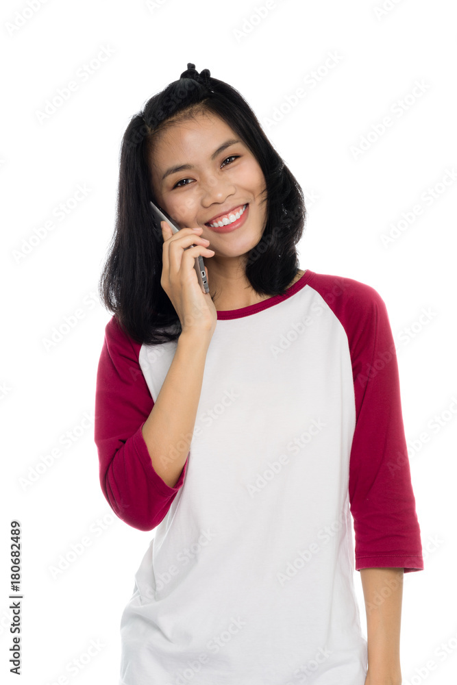 Portrait of a beautiful asian woman with smart phone. Isolated on white background Portrait of a beautiful asian woman with smart phone. Isolated on white background