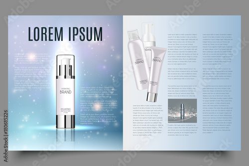 light blue cosmetic brochure design with helical structure and water drops, can also be used on catalogs or magazines, 3d illustration