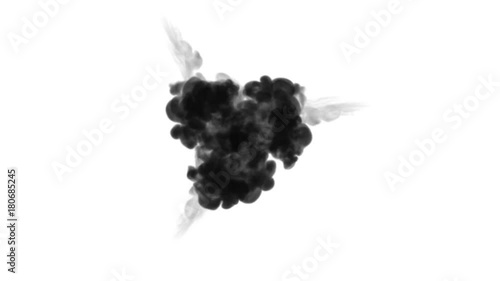 A lot of flows forming ring, ink inject is isolated on white in slow motion. Black dye spread in water. Inky background or backdrop with smoke, for ink effects use luma matte like alpha mask. photo