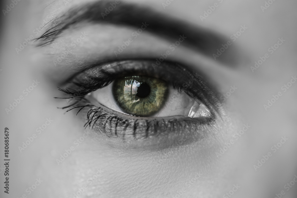 Green iris eye over black and white. Macro shot. Green iris eye over black and white. Macro shot.