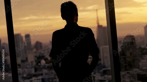 Beautiful woman standing by the window during sunset
