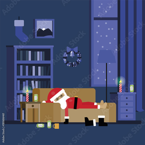 Drunk Santa Claus is sleeping on sofa