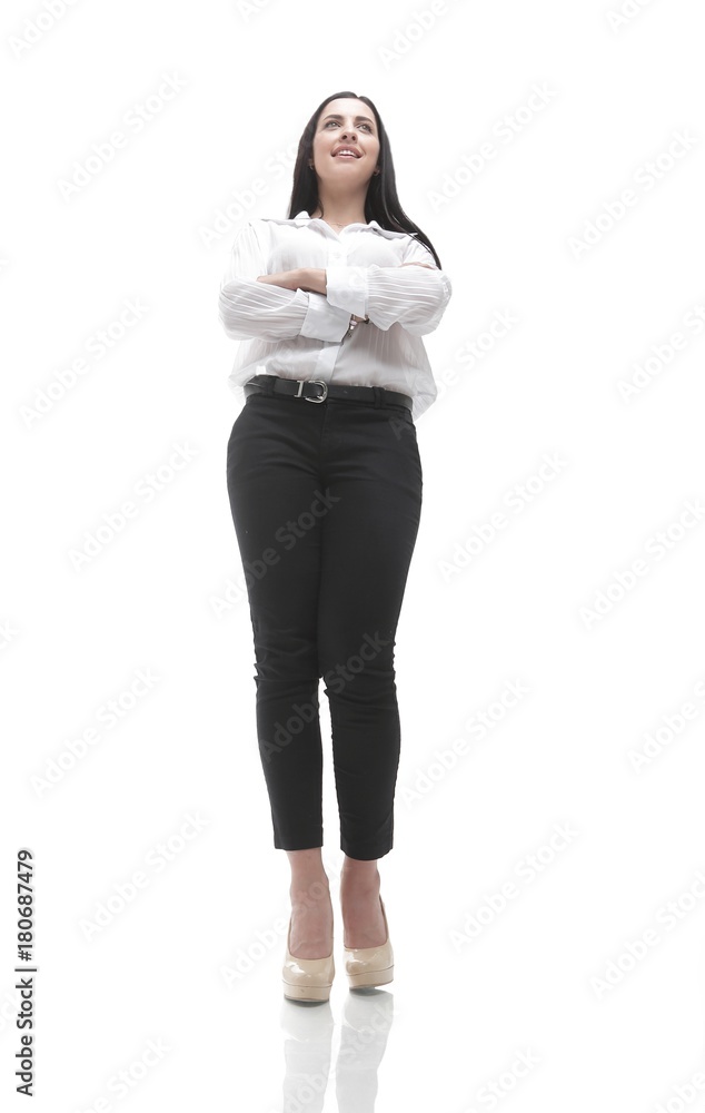 view from below. in full growth. successful young woman. view from below. in full growth. successful young woman.