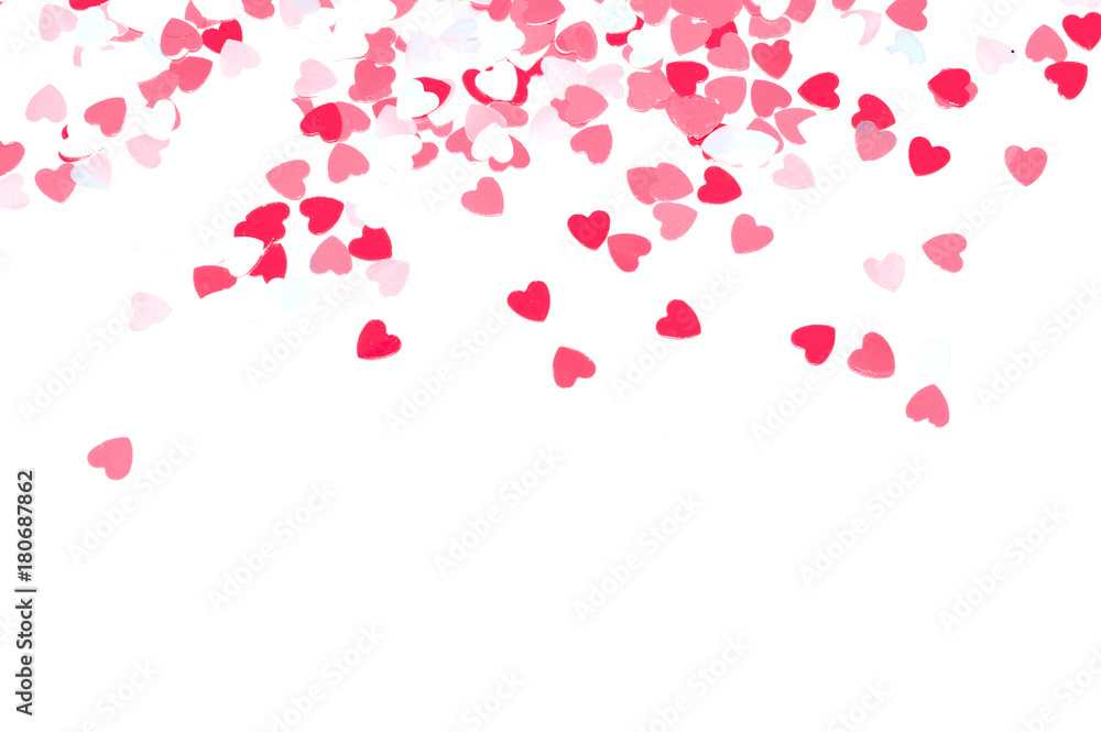 Background with little glittering pink hearts on white, decorative spangles