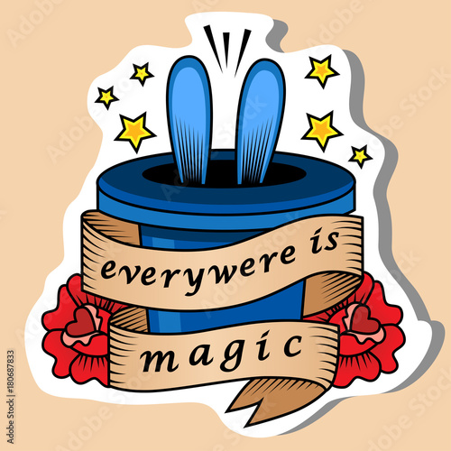 Sketch of old school tattoo. A sketch of a rabbit in a magician's hat tattoo with flower, stars and sign magic. The sketch is made in warm colors. Hipster, youth old school picture for boys and girls