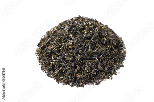 A pile of dry green tea. Isolated on white background. Food background.