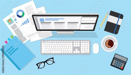 Business top view scene with computer, documents, calculator, notepad, coffee cup. Flat style vector illustration