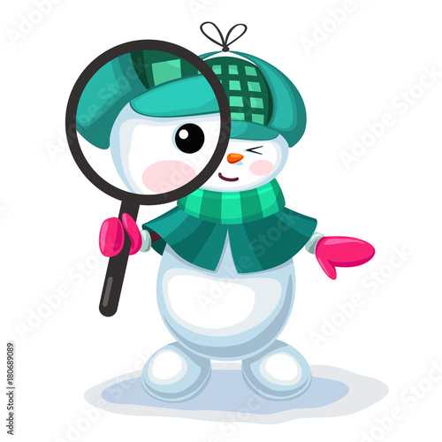 Cute snowman looking through a magnifier isolated on white background