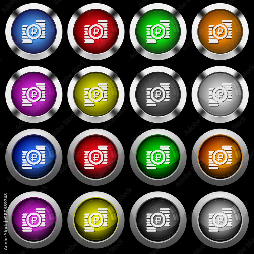 Ruble coins white icons in round glossy buttons on black background Ruble coins white icons in round glossy buttons on black background