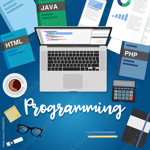 Programming flat style vector illustration with computer, coding books, calculator, coffee cup, notebook. Design template for business and education