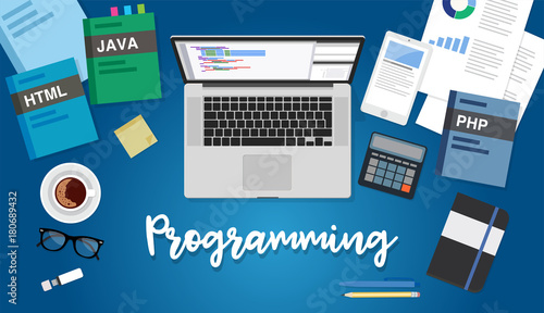 Programming flat style vector illustration with computer, coding books, calculator, coffee cup, notebook. Design template for business and education