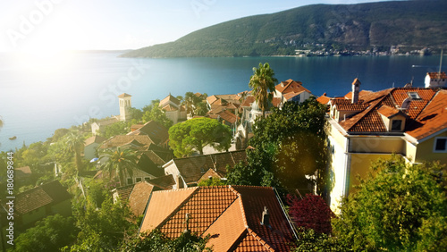 Panoramic views of the coast and of rooftops of the old town of Herceg Novi in Montenegro 