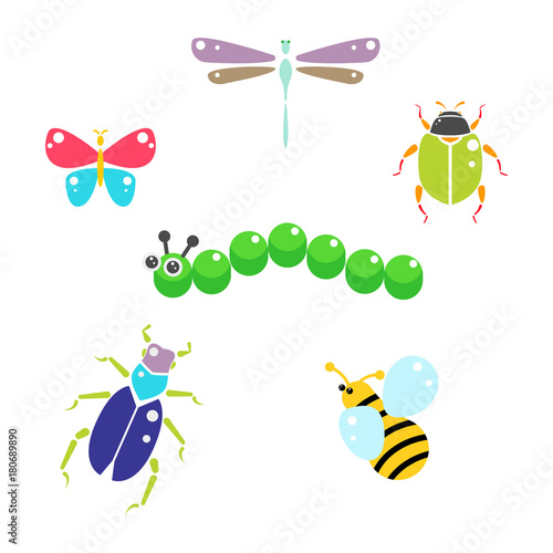 Cartoon insects colorful vector set on white. Bee, beetles, butterfly and caterpillar.