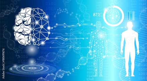 abstract background science and technology concept in blue light,human body heal,technology modern medical science in future and global international medical with tests analysis clone DNA human