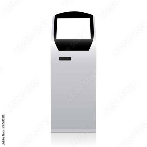 Touch screen kiosk for electronic payments - front view. Self-service terminal mockup with blank screen isolated on white background. Vector illustration