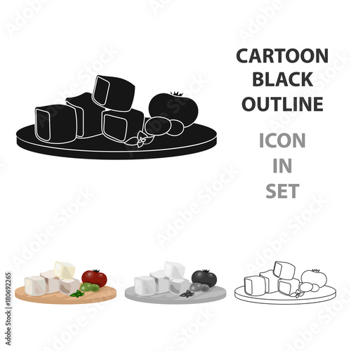 Diced cheese feta with tomatoes and olives on the cutting board icon in cartoon style isolated on white background. Greece symbol stock vector illustration.