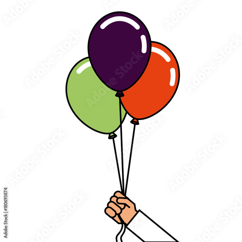 cartoon hand holding three balloons celebration event vector illustration
