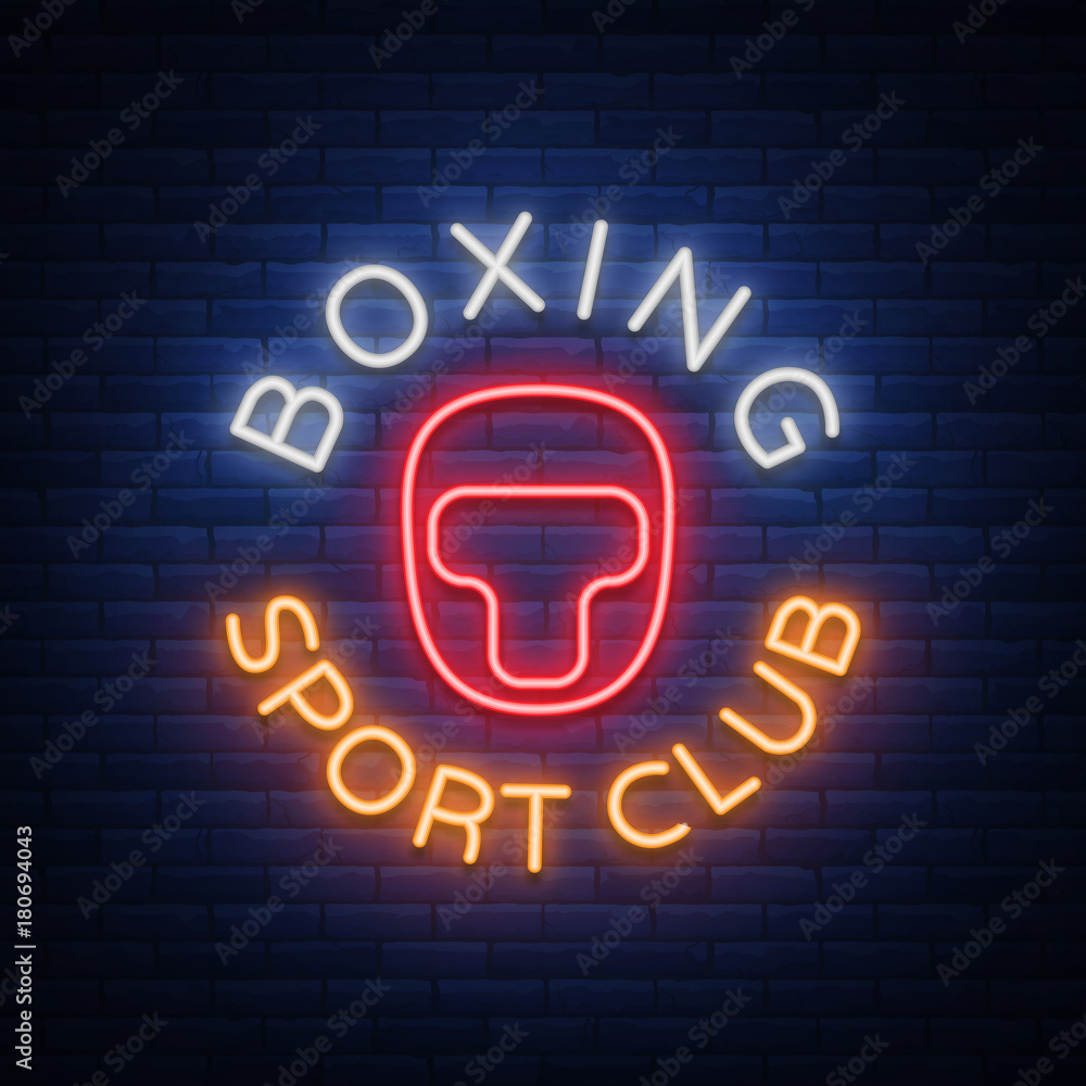 Boxing sports club logo sign in neon style, vector illustration. Emblem, a symbol for a sports facility on a boxing theme. Neon banner, bright nightlife advertisement Boxing sports club logo sign in neon style, vector illustration. Emblem, a symbol for a sports facility on a boxing theme. Neon banner, bright nightlife advertisement