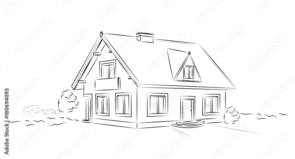 Outline architectural sketch detached tarditional house - vector concept