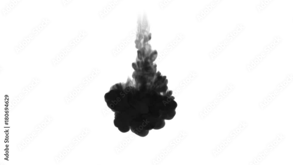 One ink flow, infusion black dye cloud or smoke, ink inject on white in slow motion. Color falls in water. Inky background or smoke backdrop, for ink effects use luma matte like alpha mask One ink flow, infusion black dye cloud or smoke, ink inject on white in slow motion. Color falls in water. Inky background or smoke backdrop, for ink effects use luma matte like alpha mask