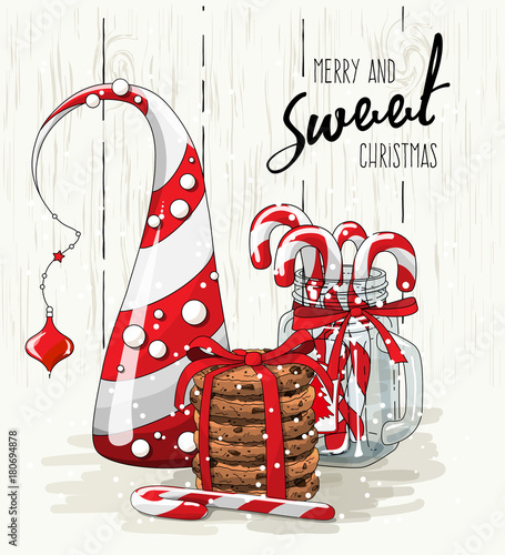 Christmas theme, abstract christmas tree, stack of cookies with red ribbon and candy canes in glass jar, illustration