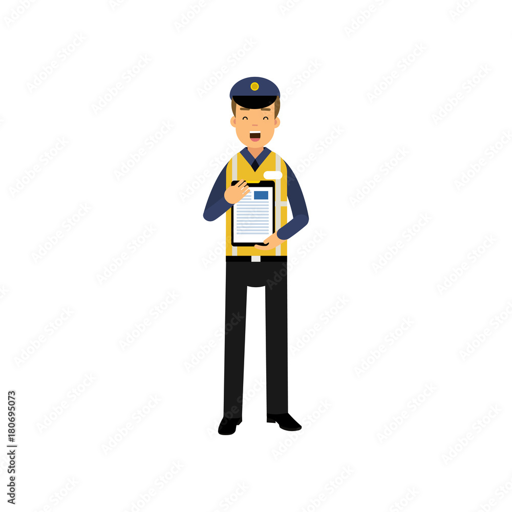 Cartoon character of city road police officer in uniform standing with clipboard in hands