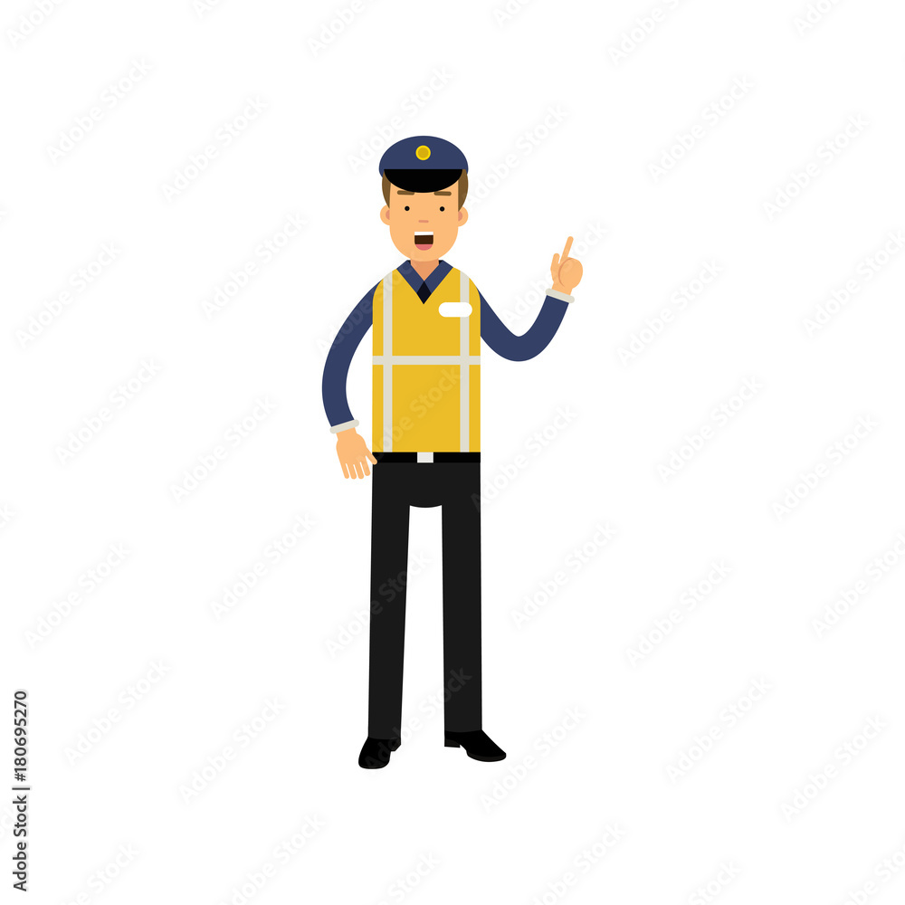 Cartoon traffic policeman standing and showing thumb up gesture, road police