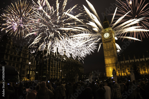 New Year's Eve Fireworks over Big Ben at Midnight, Crowds Present
