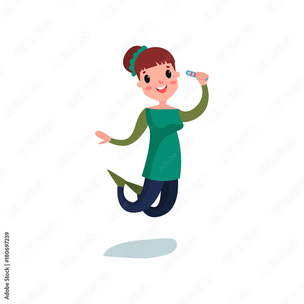 Pregnant young woman character jumping with positive pregnancy test
