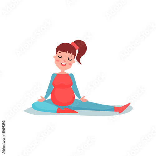 Young pregnant woman character doing stretching exercise. Yoga training for healthy pregnancy, physical activity.