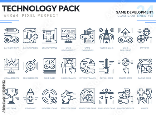 Game Development Icons Set. Technology outline icons pack. Pixel perfect thin line vector icons for web design and website application.
