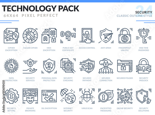 Security Icons Set. Technology outline icons pack. Pixel perfect thin line vector icons for web design and website application.