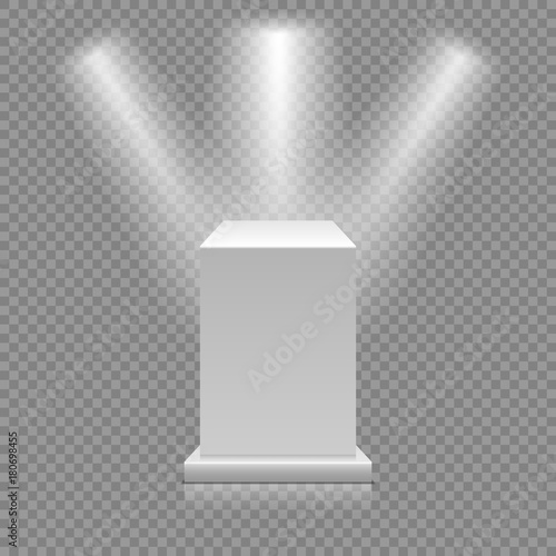 White empty podium isolated on transparent background. Museum pedestal with spotlights. 3d Vector illustration