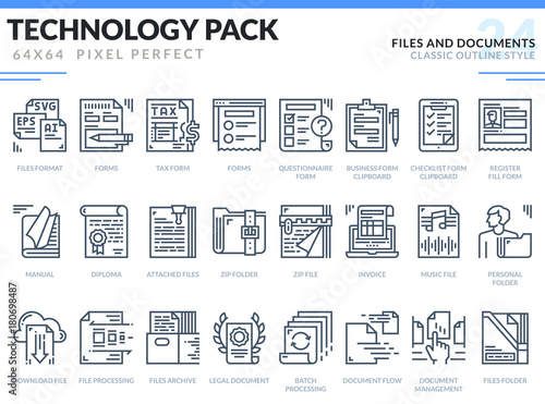 Files and Documents Icons Set. Technology outline icons pack. Pixel perfect thin line vector icons for web design and website application.