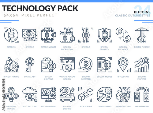 Bitcoins Icons Set. Technology outline icons pack. Pixel perfect thin line vector icons for web design and website application.