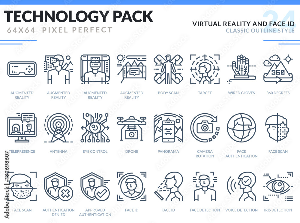 Virtual Reality and Face ID Icons Set. Technology outline icons pack. Pixel perfect thin line vector icons for web design and website application.