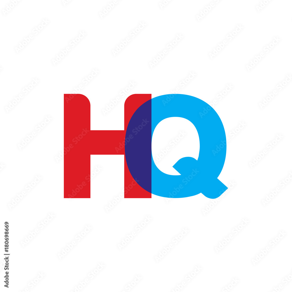 Initial letter HQ, overlapping transparent uppercase logo, modern red blue color