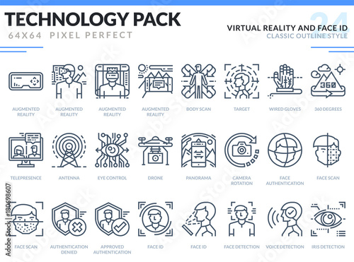 Virtual Reality and Face ID Icons Set. Technology outline icons pack. Pixel perfect thin line vector icons for web design and website application.