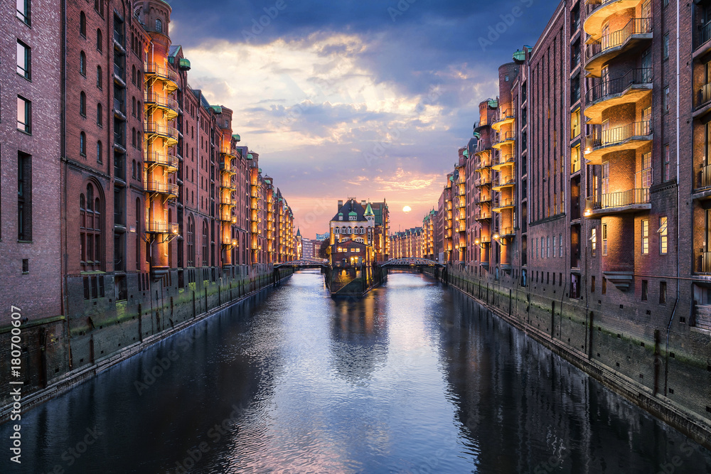 Sunset at the Wasserschloss in Hamburg Hafencity