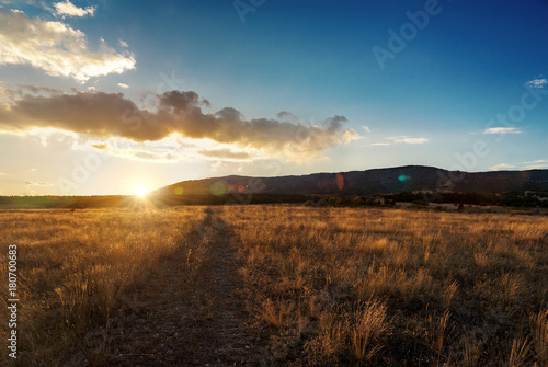 Beautiful orange autumn sunset in dry grass field with road. Mountain background.
