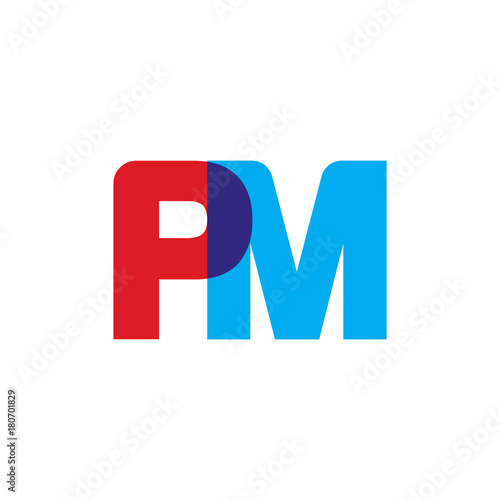 Initial letter PM, overlapping transparent uppercase logo, modern red blue color