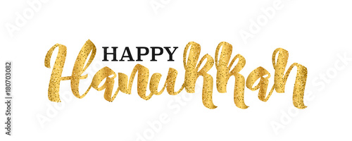 Happy Hanukkah, traditional Jewish Holiday lettering isolated on white background, vector illustration. Gold glitter handwriting letters, trendy design text for banners, cards, web.