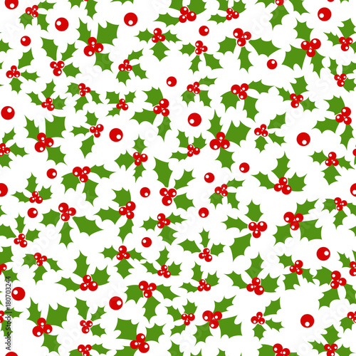 Holly berry. Seamless background with holly berries. Celebration christmas pattern. Vector illustration.