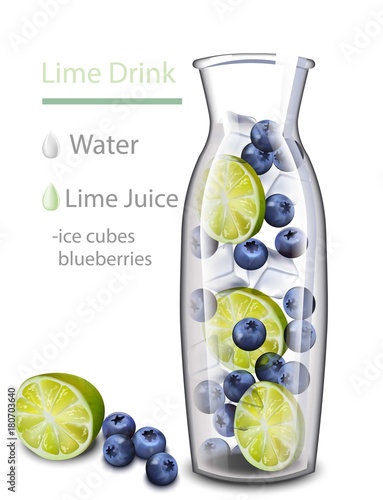 Hydrating detox water drink. Blueberry and lime flavor. Realistic fresh bever...