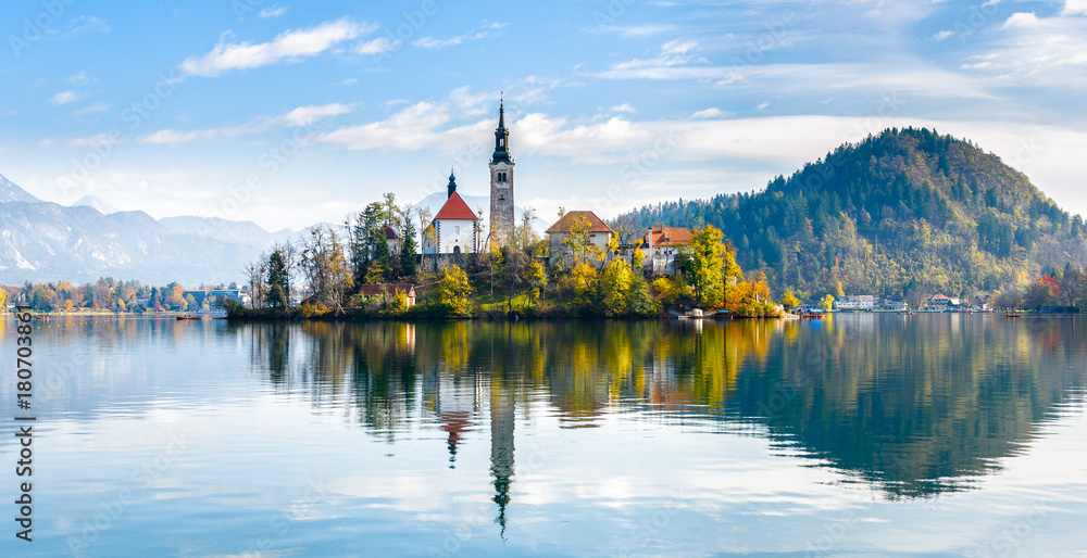 Lake Bled Slovenia. Beautiful mountain lake with small Pilgrimage Church.