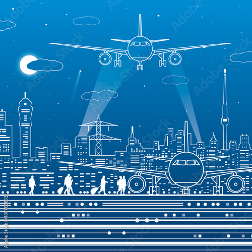 Airport illustration. Aviation transportation infrastructure. The plane is on the runway. Airplane fly, people get on the aircraft. Night city on background, vector design art